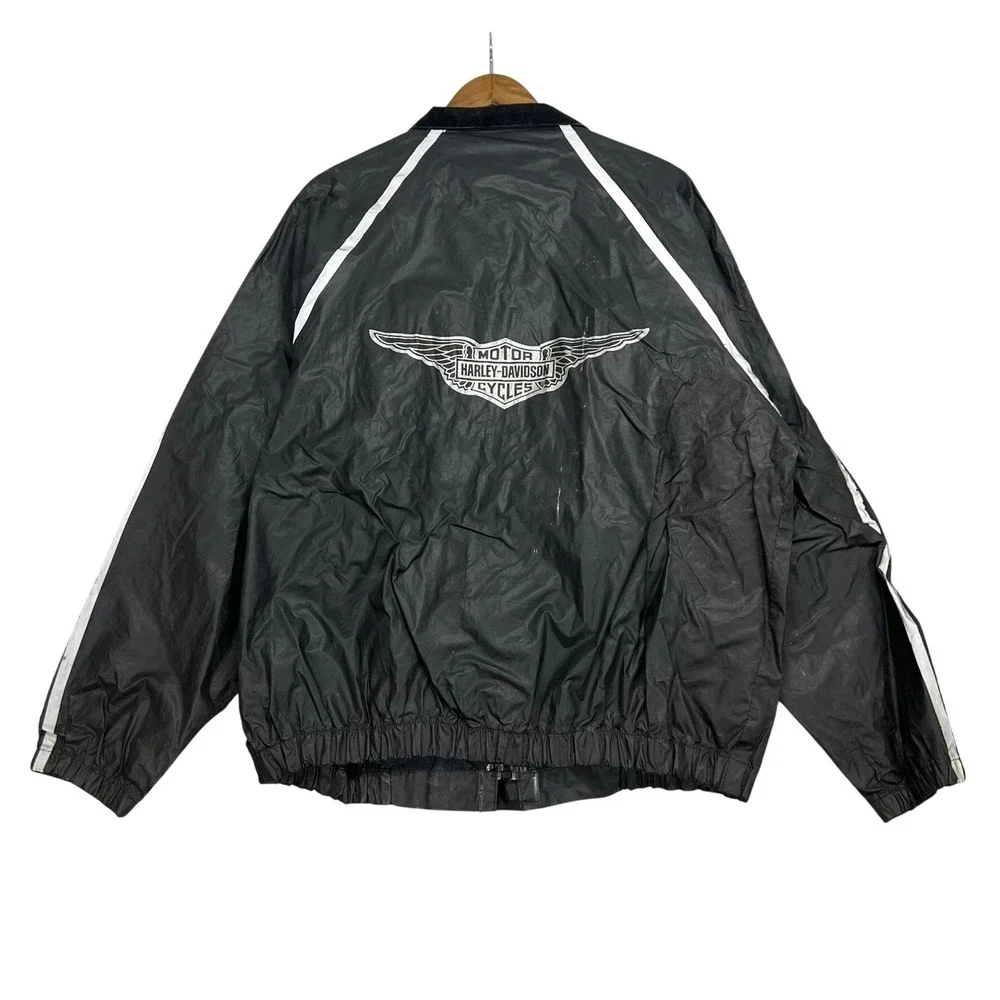 Vintage Harley Davidson Mens Rain Jacket Black PVC Windbreaker Winged Logo Large